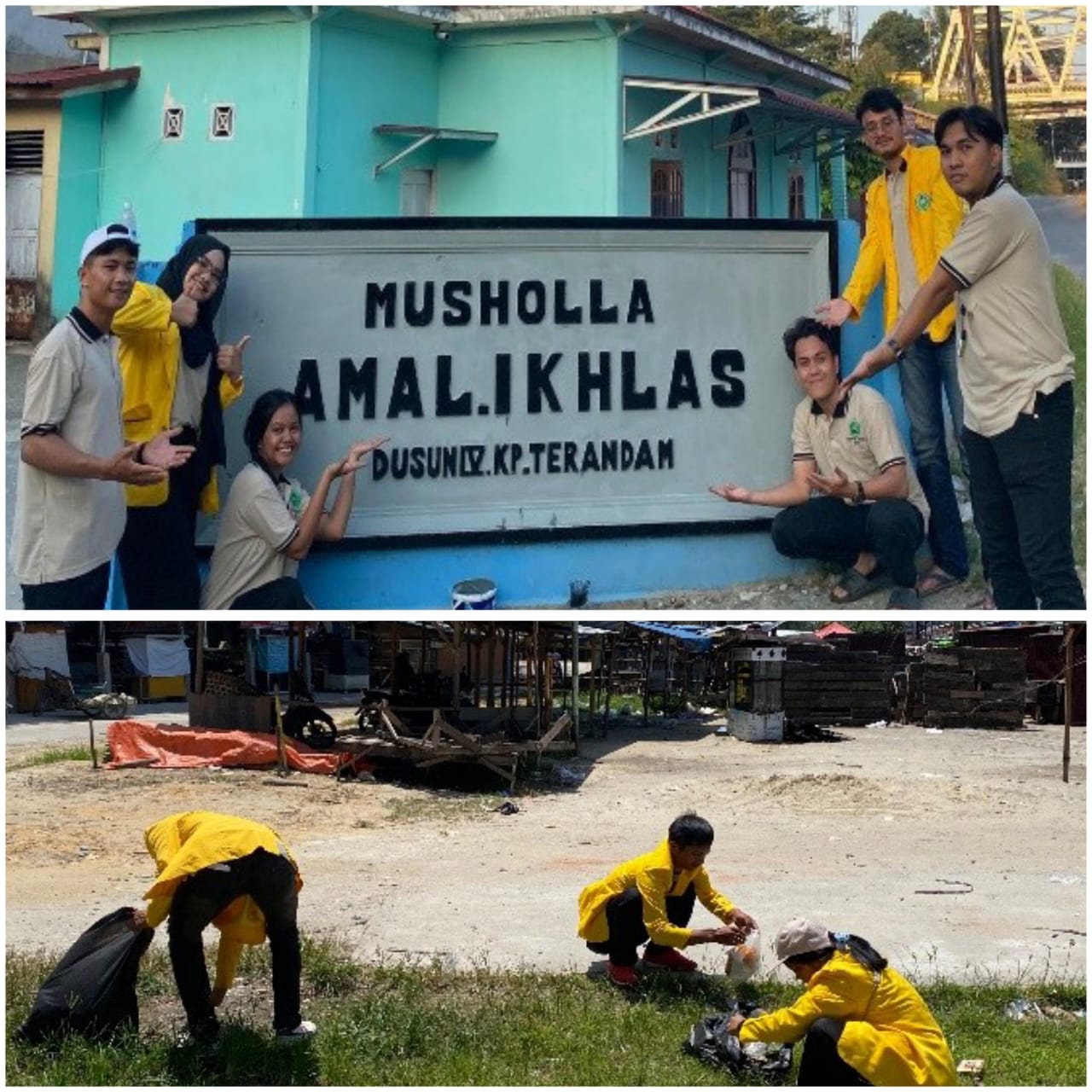 Tim Kelompok KBM Kelompok 8 Melakukan Kegiatan Pengecetan Plang Nama Mushalla Amal Ikhlas Dusun 4 dan Gotong Royong Membersihkan Lapangan Olah Raga Di Dusun 1.