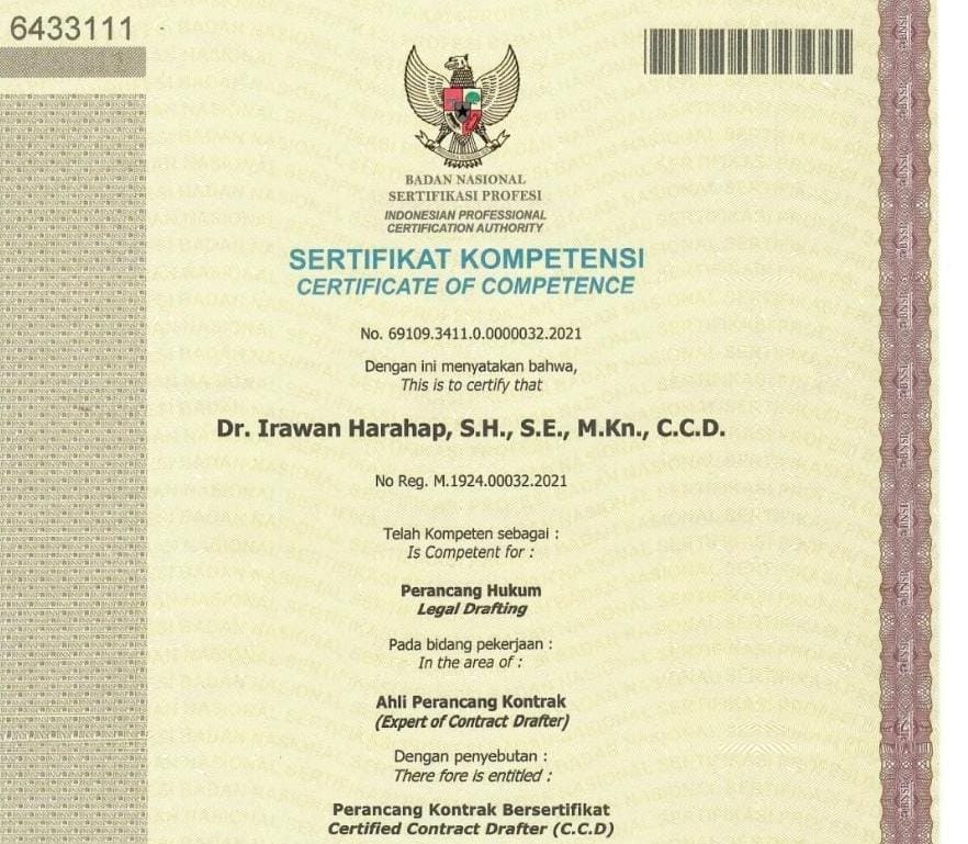 Dosen FH Unilak, Dr. Irawan Harahap, S.H.,S.E.,M.Kn, Mendapatkan Sertifikat Kompetensi dari Badan Nasional Sertifikasi Profesi (BNSP) Republik Indonesia.